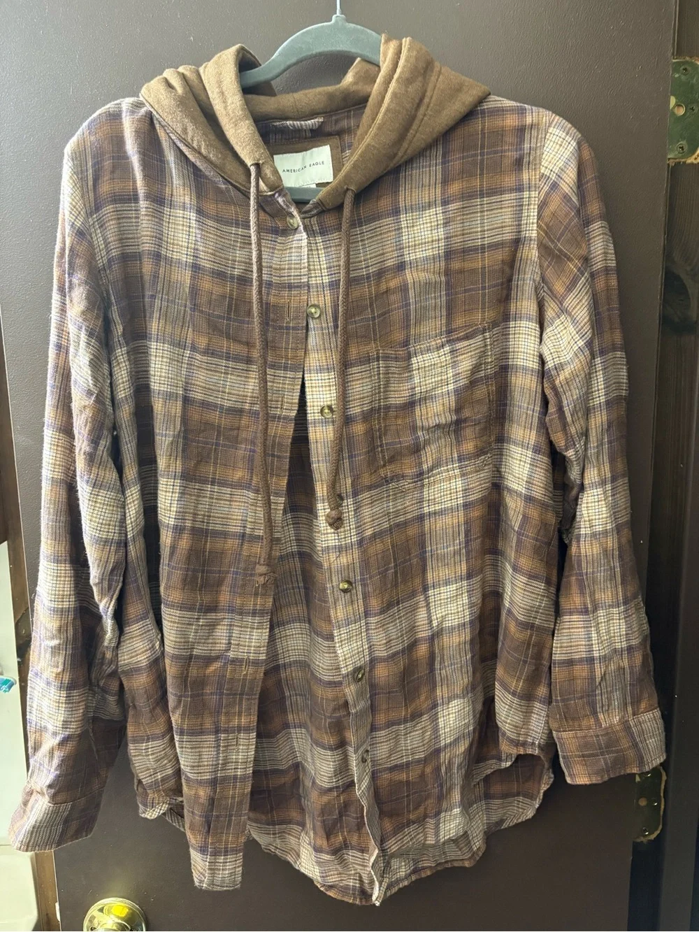 American Eagle Outfitters Brown Plaid Hooded Flannel Shirt
